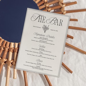 Old Money Wedding Bar Menu, Minimal Drink Menu Template Set, Modern Drinks Menu, Garden Party Wedding, Details Card, Editable, Old Money