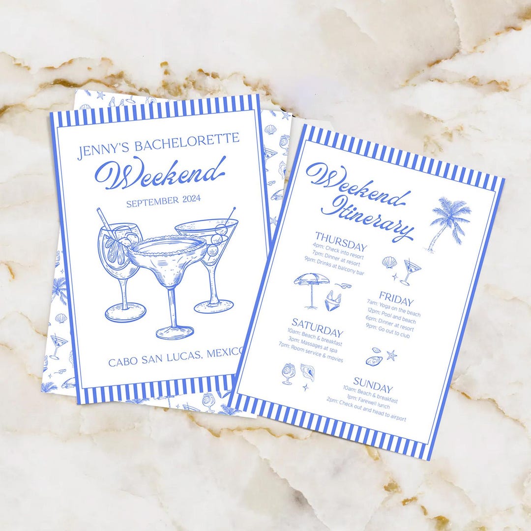 Bachelorette Weekend Itinerary, Hand-drawn Martini Cocktail, Coastal ...