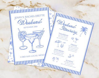 Bachelorette Weekend Itinerary, Hand-Drawn Martini Cocktail, Coastal Blue Invitation, Printable WeekendParty Itinerary, Beach Party Weekend