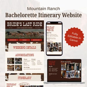 May include: A website design for a bachelorette itinerary, titled "Mountain Ranch Bachelorette Itinerary Website." The design includes a desktop, phone, and a red starburst that says "Fully Editable in Canva."