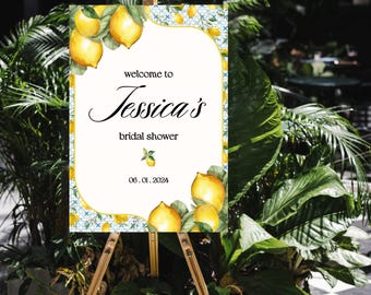 Blue Tiles Amalfi Coast Lemon Bridal Shower Arched Welcome Sign, Mediterranean Bridal Shower, Italian Bridal Sign Printable Template