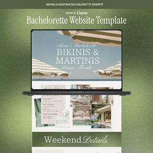 May include: A digital website template for a bachelorette party displayed on a laptop screen. The design features the text "Alexa's Bachelorette BIKINIS & MARTINIS Miami, Florida" over beach umbrella imagery, with sections for accommodations, costs, and weekend details.