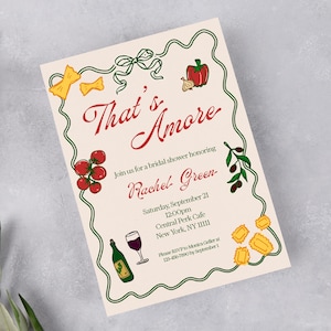 C'est le modèle d'invitation de douche nuptiale Amore, invitation italienne de pizza et de pâtes, mariée de style italien modifiable, dessiné à la main, modifiable bricolage