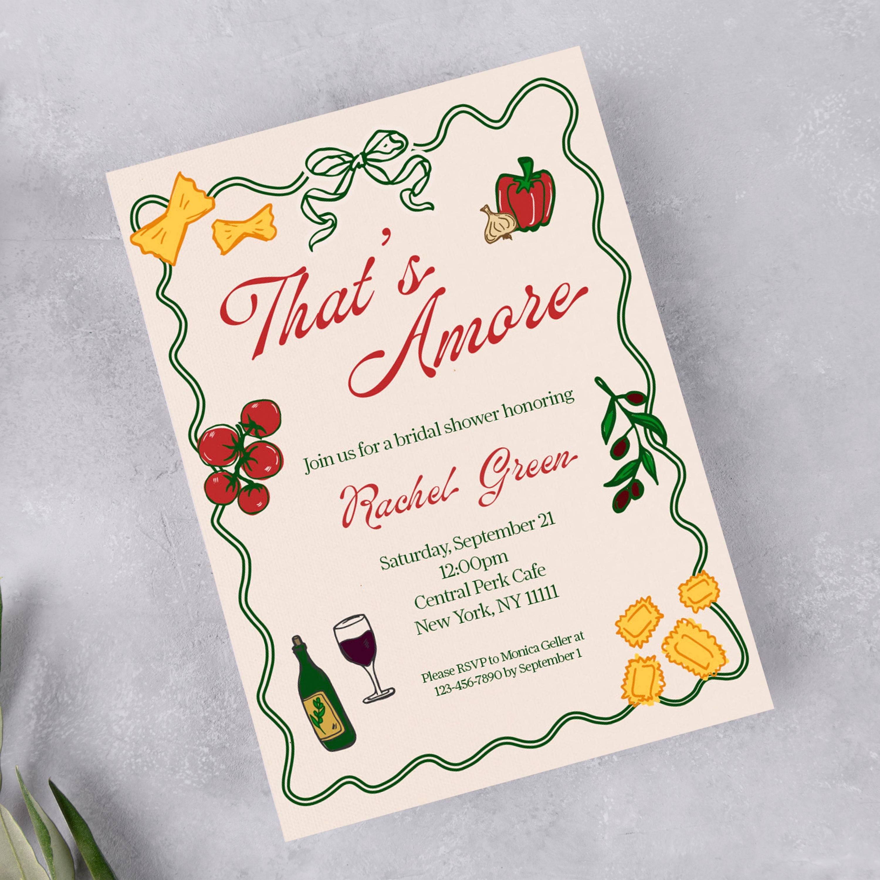 That's Amore Bridal shower Invitation template, Italian pizza and pasta invite, italian style bridal editable, Hand drawn, DIY editable