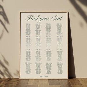 以下が含まれることがあります： 「Find your Seat」という言葉がエレガントな筆記体で書かれた、額入りの座席表。クラシックでミニマルなデザインで、テーブル番号の下に名前がリストされており、結婚式やイベントに最適です。