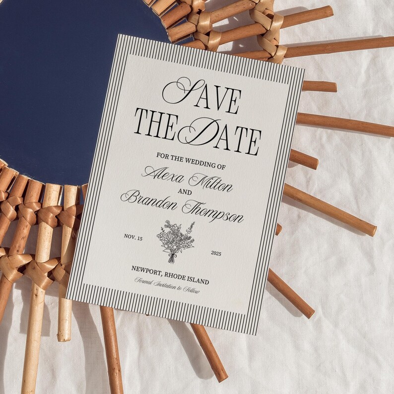 May include: A wedding "Save the Date" card with a striped border and elegant script. The card features the names Alexa Milton and Brandon Thompson, the date November 15, 2025, and the location Newport, Rhode Island.