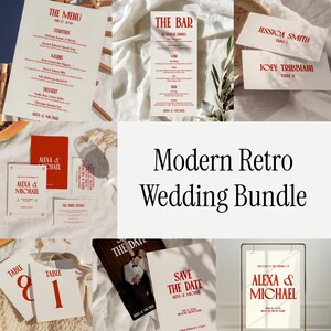 Op de afbeelding: Een verzameling moderne retro trouwbriefpapier, waaronder menu's, barborden, tafelkaarten en save-the-date kaarten. De tekst is in een rode lettertype, met de namen "Alexa & Michael". De bundel bevat verschillende maten en stijlen.