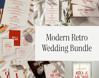 Modern Retro Wedding Bundle, Welcome Sign, Table Numbers, Seating Chart, Save the Date, Wedding Suite, Name Cards | Blake Collection