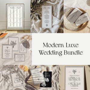May include: A collection of wedding stationery with a modern design. Includes a seating chart, menu, place cards, invitations, and save-the-date cards. The text "Modern Luxe Wedding Bundle" is displayed in the center of the image.