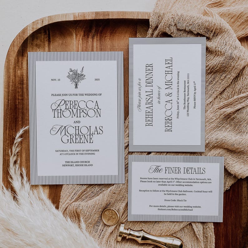 May include: A set of wedding stationery, including an invitation, rehearsal dinner card, and details card. The cards have a white background with a striped border and black text. The main invitation announces the wedding of Rebecca Thompson and Nicholas Greene.