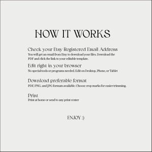 May include: A beige graphic with the text "HOW IT WORKS" in a bold, elegant font. The text explains the steps to download and edit a template, including checking the Etsy email, editing in a browser, downloading in PDF, PNG, or JPG, and printing.