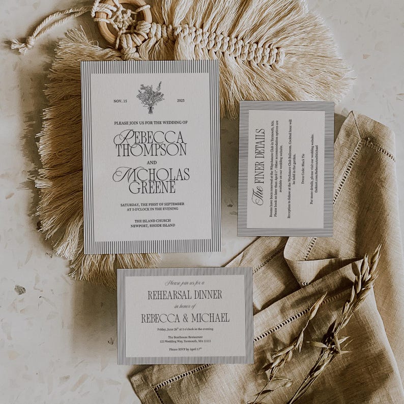 May include: A set of wedding stationery, including an invitation, details card, and rehearsal dinner card. The designs feature a striped border and classic typography. The main invitation announces the wedding of Rebecca Thompson and Nicholas Greene. The details card is titled "The Finer Details".