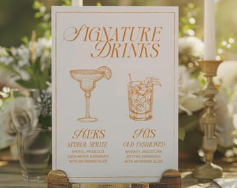 Signature Drinks Sign Template, Signature Cocktail Sign, Minimalist Wedding Bar Menu Sign, His and Hers Drink Sign, Editable Template