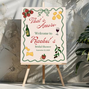 That's Amore ブライダルシャワーのウェルカムサインテンプレート、イタリアンピザとパスタの招待状、イタリアンスタイルのブライダル編集可能、手描き、DIY編集可能