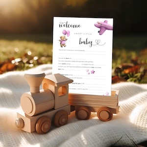 Carte de prédiction et de conseils imprimable pour baby shower rose, thème ours en peluche et avion, modèle souvenir de jeu pour bébé fille WHB006