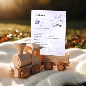 Carte de prédictions et de conseils pour baby shower avec étoiles violettes et fond nuageux, souvenir de rêve imprimable pour bébé fille WHB016