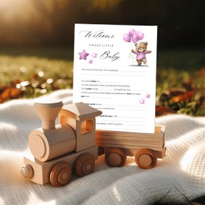 Carte de prédictions et de conseils pour baby shower rose avec ours en peluche, ballons et étoiles, souvenir de jeu imprimable pour bébé fille, instantané WHB005