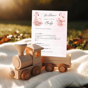 Juego de baby shower para niña: Tarjeta de predicciones y consejos para baby shower con flamencos de acuarela y diseño floral WHB022