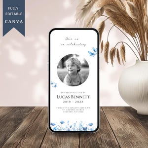 Digitale Beerdigungseinladung für Kinder mit blauen Blumen und Schmetterlingen, Online-Gedenk-E-Einladung für Kinder, virtueller Tribut an den Verlust eines Babys WHF006