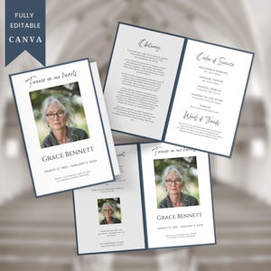 Plantilla de programa funerario moderno, elegante y atemporal, folleto de servicio conmemorativo, orden de servicio imprimible, diseño editable en Canva - WHF009