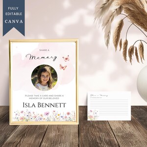 Comparte una tarjeta de recuerdo y un cartel con flores silvestres y mariposas, recuerdo funerario en rosa suave, celebración de la vida de los niños, Canva editable WHF005