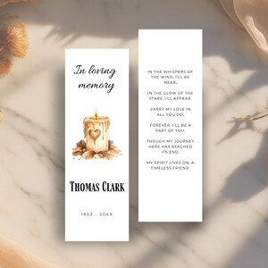 Plantilla imprimible para marcapáginas funerario • Recuerdo conmemorativo de 2x6 con diseño de vela beige y diseño de homenaje cariñoso • WHF010