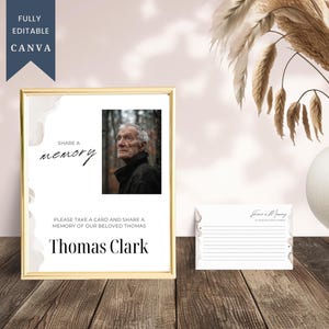 Funeral Compartir una tarjeta de memoria + letrero – Plantilla de Canva editable – Diseño minimalista de acuarela beige – Conjunto de recuerdos conmemorativos