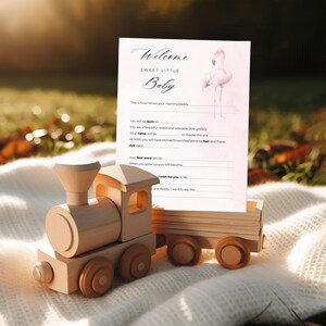 Tarjeta de deseos para baby shower: diseño de flamenco rosa sobre fondo de acuarela. Tarjeta imprimible con predicciones y consejos para el nacimiento del bebé WHB021