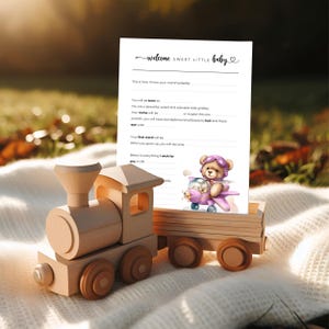 Babyparty-Vorhersage- und Ratgeberkarte für Mädchen mit Pilotenbär im rosa Flugzeug, Abenteuerthema, druckbares Babyspiel-Andenken WHB007