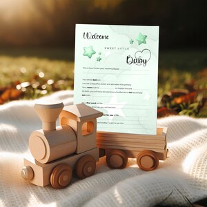 Carte de prédictions et de conseils pour baby shower avec étoiles vertes et fond nuageux, jeu de bébé neutre et rêveur imprimable WHB012