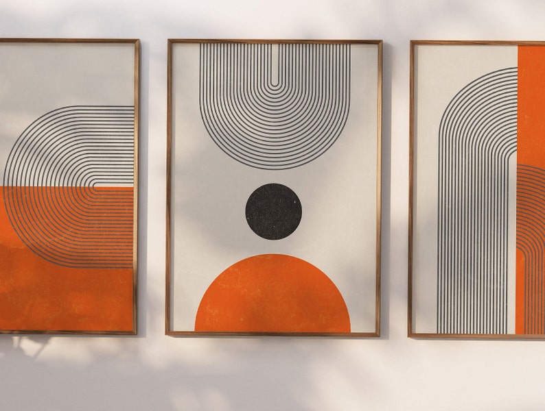 Mid Century Orange Boho Wall Art Abstract Prints Set of 3 Digital ...