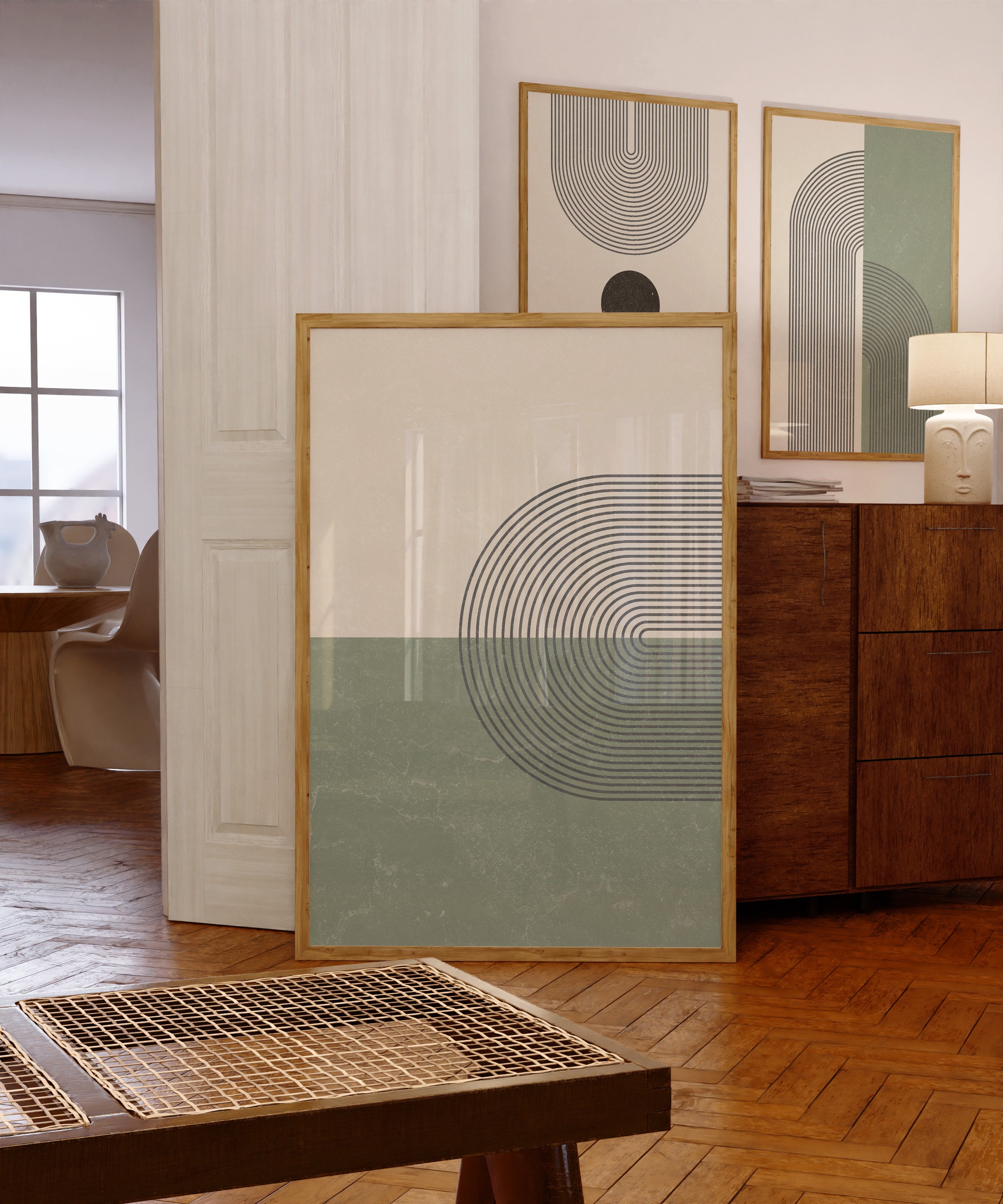 3 Piece Boho Wall Art Prints. Green Mid-Century Abstract Decor
