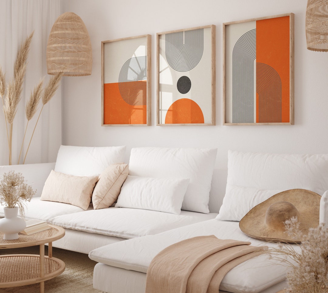 Mid Century Orange Boho Wall Art Abstract Prints Set of 3 Digital ...