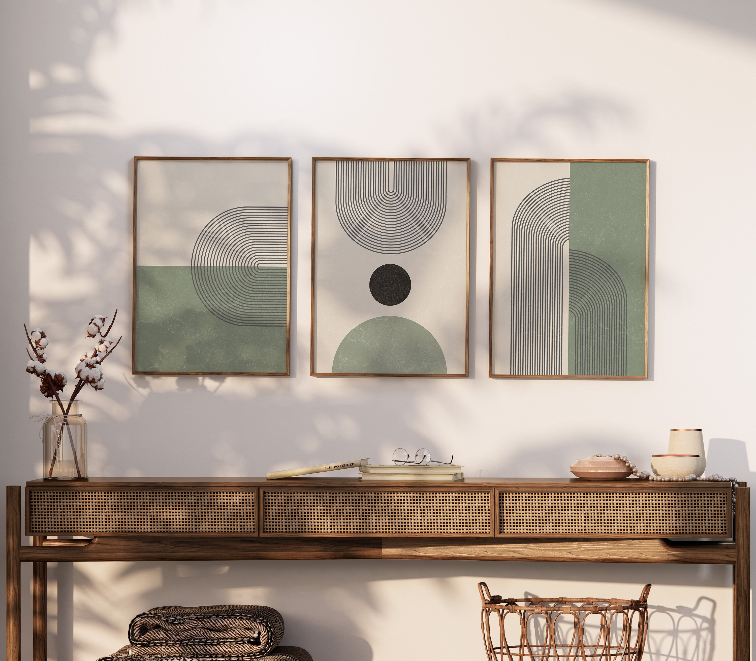 Sage Green Mid Century Boho Wall Art Abstract Prints Set of 3 Digital ...