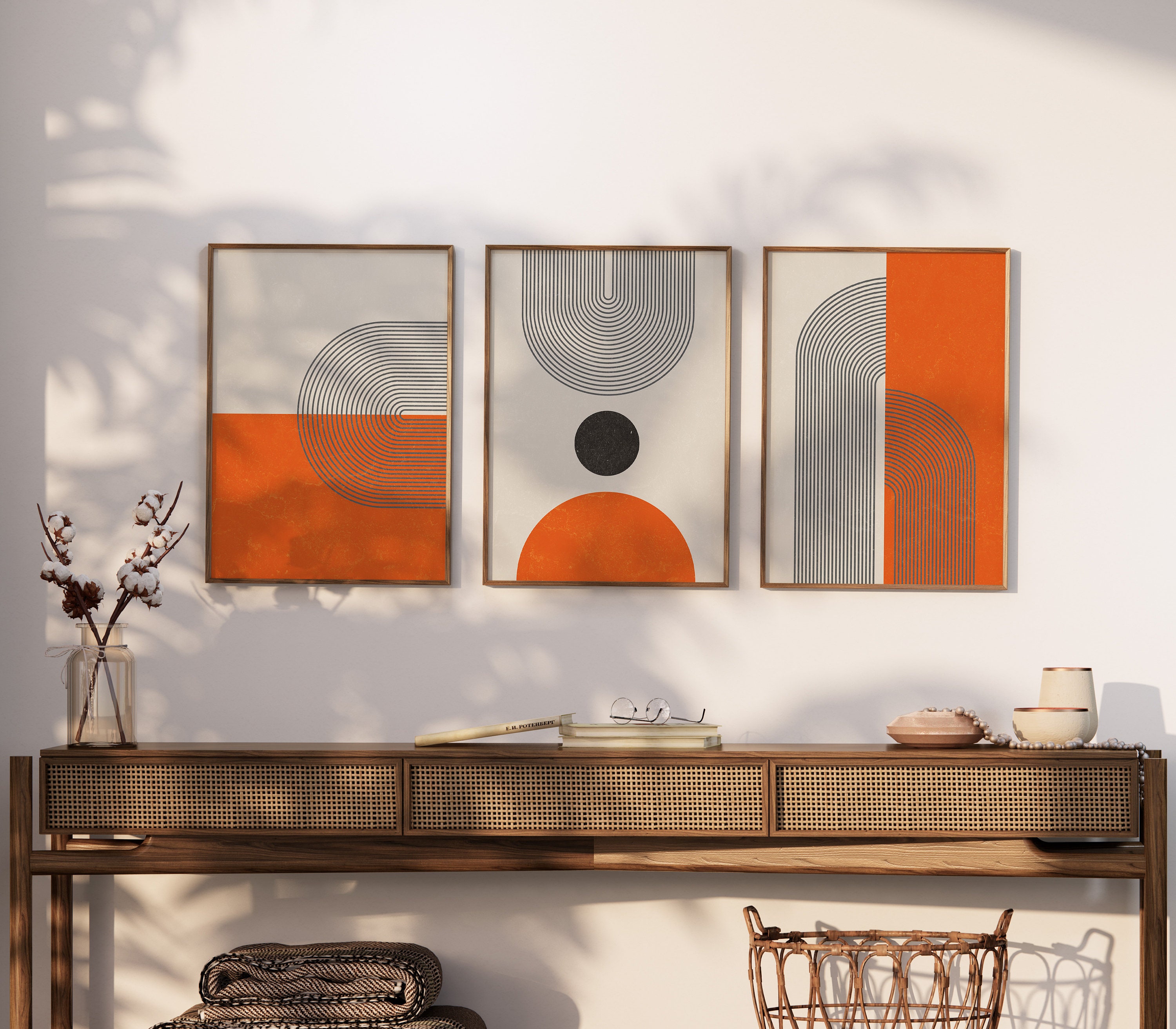 Mid Century Orange Boho Wall Art Abstract Prints Set of 3 Digital ...