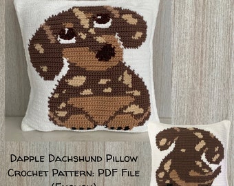 Dapple Dachshund Pillow Crochet Pattern, 14” X 14”, English, PDF File Format (English)