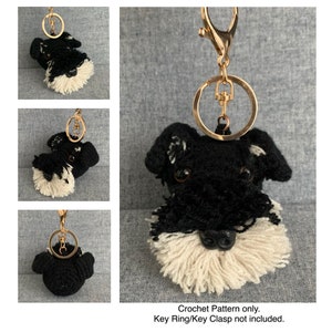 Op de afbeelding: Haakpatroon voor een miniatuur Schnauzer sleutelhanger. Het patroon is voor een zwart-witte Schnauzer met een witte baard en wenkbrauwen. Het patroon bevat niet de sleutelring of de sluiting.