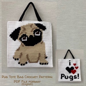 Puede incluir: Patrón de crochet para una bolsa de mano con un carlino. La bolsa es blanca con un asa negra y una cara de carlino marrón. El patrón está disponible en formato PDF y está escrito en inglés.