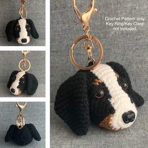 Puede incluir: Encanto de llavero de cabeza de perro tejido en negro, blanco y marrón. Patrón de crochet solamente, llavero y cierre no incluidos.