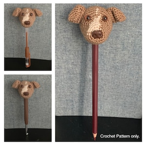 ピットブル テリア犬のペンシル トッパー かぎ針編みパターン、ピットブル テリア ペン トッパー、かぎ針編みパターン、PDF ファイル形式 (英語)