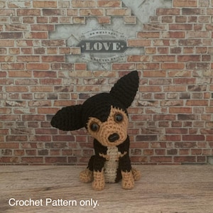 Amigurumi Chihuahua Dog Crochet Pattern, black and tan, sitting, PDF File Format