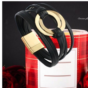 Bracelet manchette style minimaliste pour femme, bracelet cuir véritable, femme bracelet bangle avec anneaux, idée cadeau femme bijoux Noir