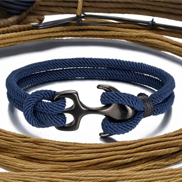 Anker-Armbänder für Herren, Matrosen-Armband, Marine-Anker-Armband für Herren aus Edelstahl, doppeltes blaues oder schwarzes Kordelarmband für Herren, Geschenk