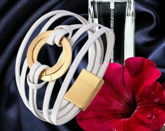 Bracelet manchette style minimaliste pour femme, bracelet cuir véritable, femme bracelet bangle avec anneaux, idée cadeau femme bijoux