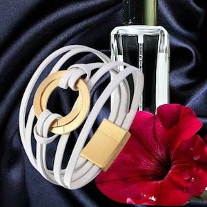 Bracelet manchette style minimaliste pour femme, bracelet cuir véritable, femme bracelet bangle avec anneaux, idée cadeau femme bijoux Blanc