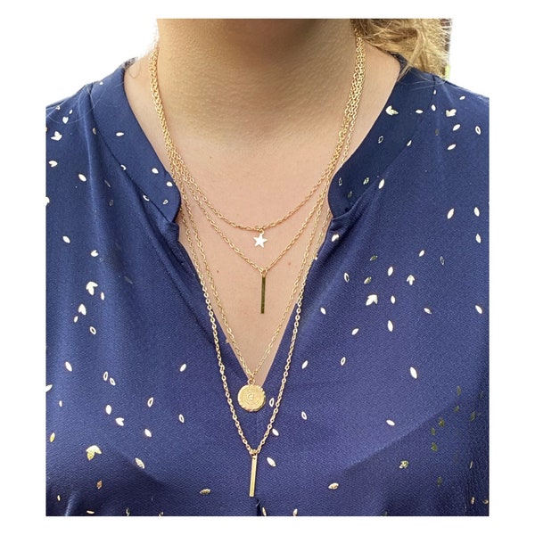 Collier acier long multirangs brillant minimaliste Collier sautoir pendentif fin doré pour femme tendance idée cadeau femme Cadeau Bijoux