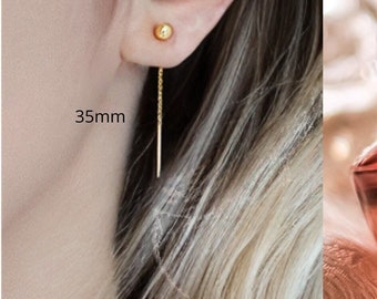 Boucles d'oreilles pendantes minimalistes fines dorées longues et brillantes, Boucles femme tendance, idée cadeau, cadeau femme Bijoux