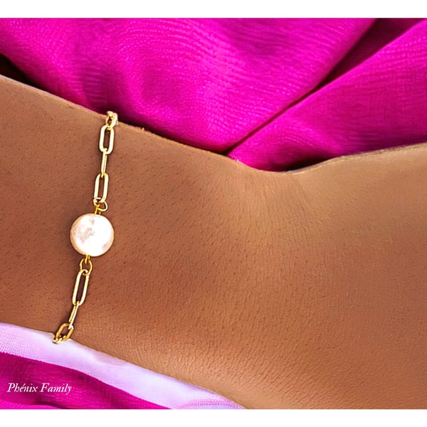 Bracelet trombone femme chaine dorée en acier inoxydable avec perle blanche ronde style minimaliste Cadeau femme bijoux