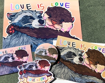 Love is Love-print, sticker, buttonbadge, magneet en briefkaart - illustratie wasbeer en ottertrots