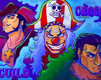 May include: A vibrant digital illustration featuring three characters: a man in a dark hat with a cross necklace, a clown with a red nose and a striped hat with a skull emblem, and a man with facial scars. The text GUILD and CROSS appears.
